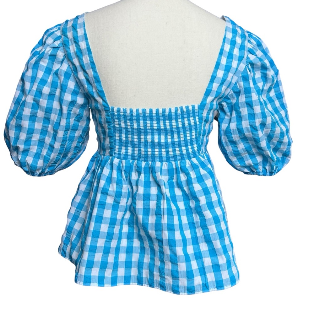 Lilly Pulitzer Sarafina Puff Sleeve Top Size 4 | Turquoise Oasis Crinkle Gingham - Picture 2 of 16